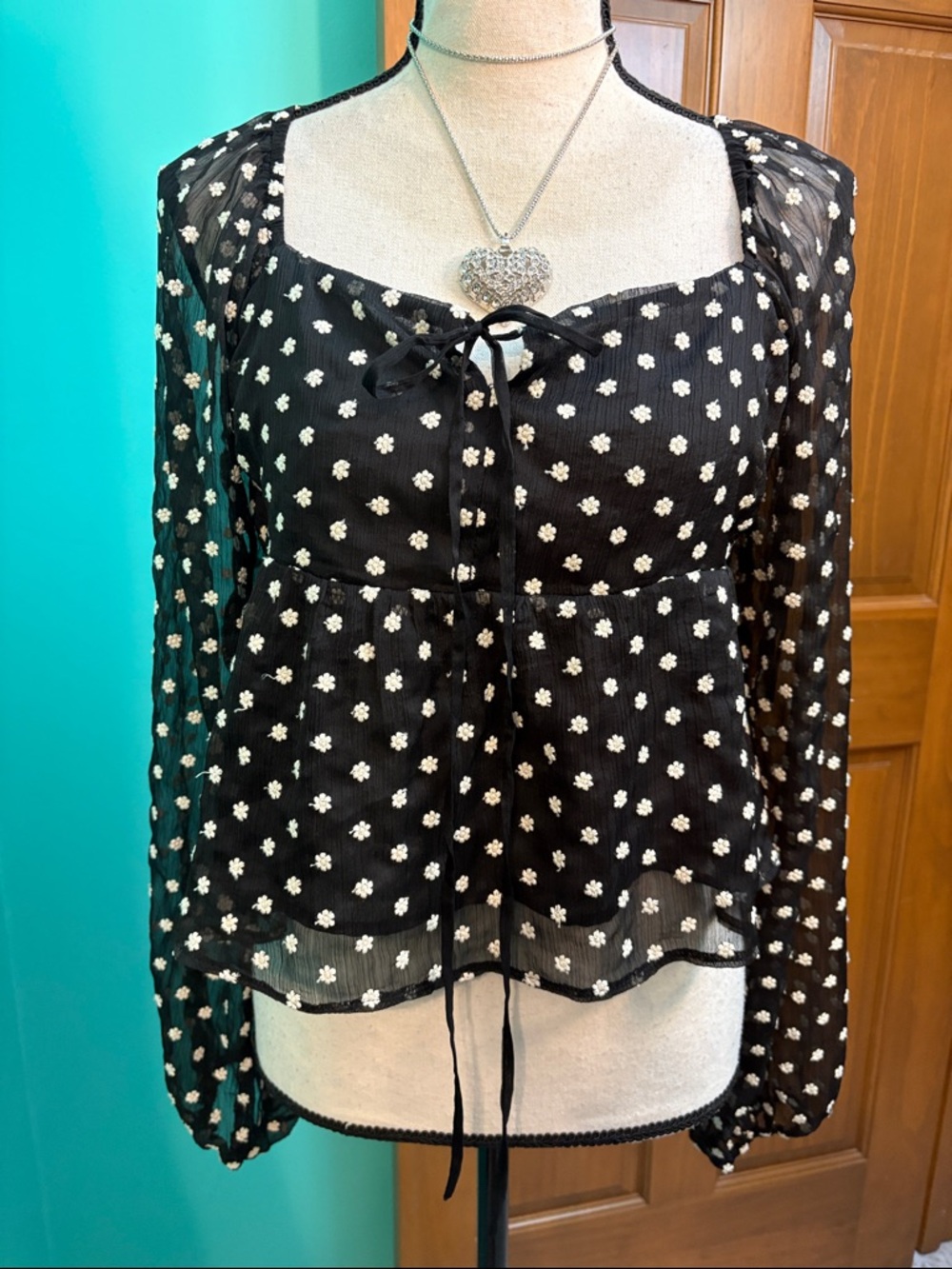 Lucy Paris Black Sheer White Floral Dot Peasant Blouse